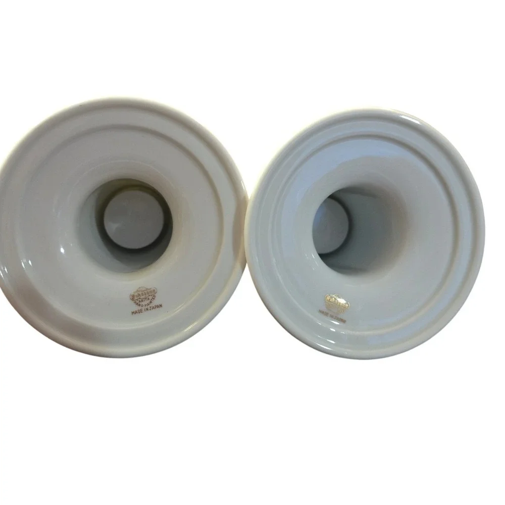 Fukagawa Arita Porcelain Candlesticks Set 2 Hand Painted Bamboo Gold‎ Rim Japan